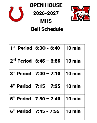 Bell schedule for the 2026-2027 school year. Six periods, each 10 minutes long. Times listed.