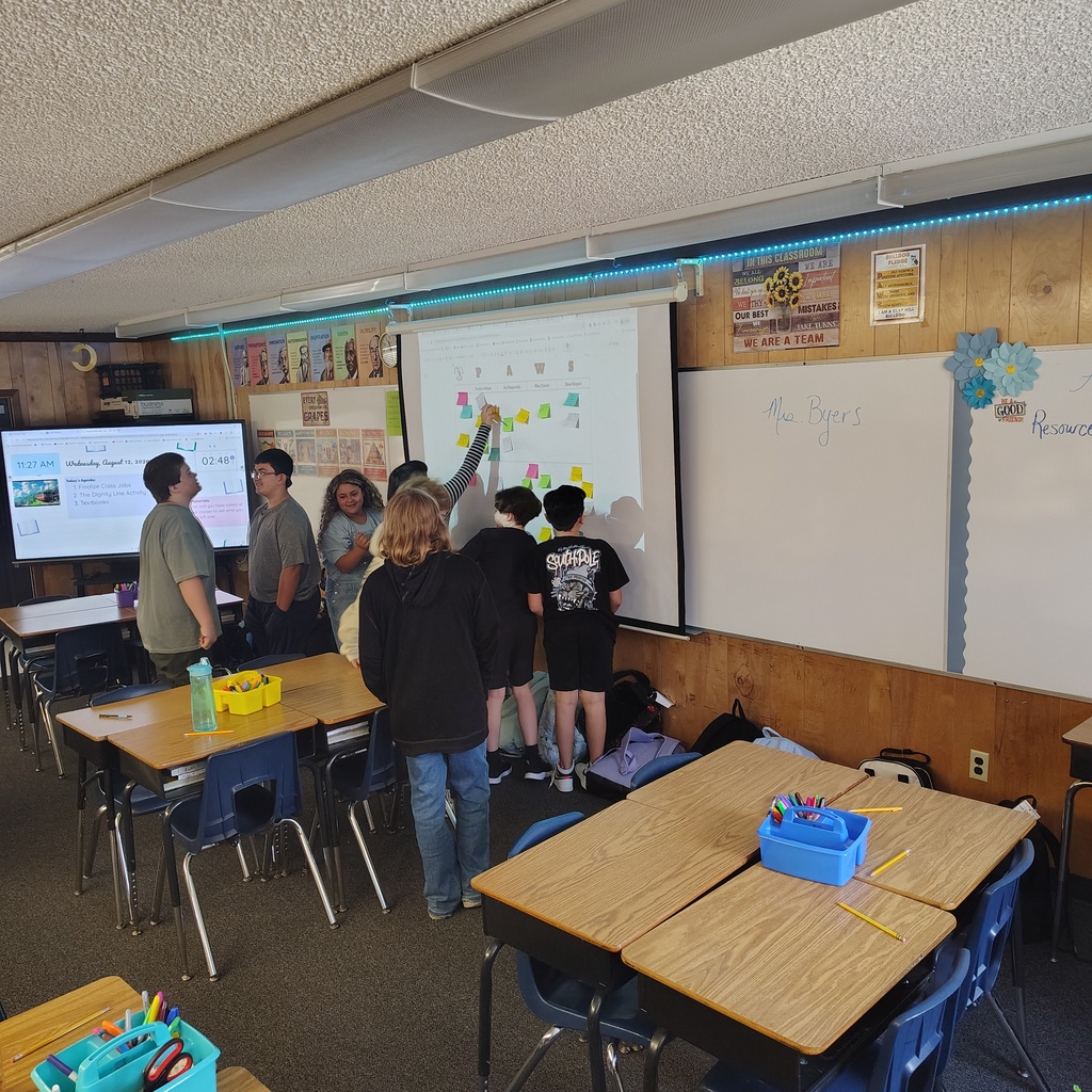 People in a classroom, standing around a whiteboard with writing on it. Tables, chairs, and a projector are present.