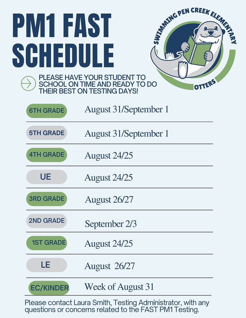 A blue and white PM1 FAST SCHEDULE for Pen Creek Elementary. Includes grades and dates for testing.