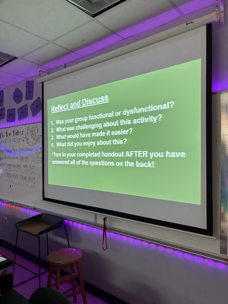 A classroom with a projector screen displaying a slide with questions. A wooden stool and a black desk are in front.