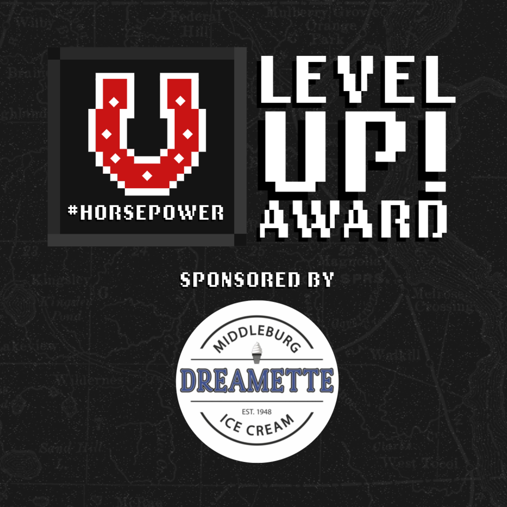 Two logos on a black background; one reads "Horsepower" with a horseshoe symbol, the other says "Level Up! Award." Below, a sponsor logo reads "Middleburg Dreamette Ice Cream."