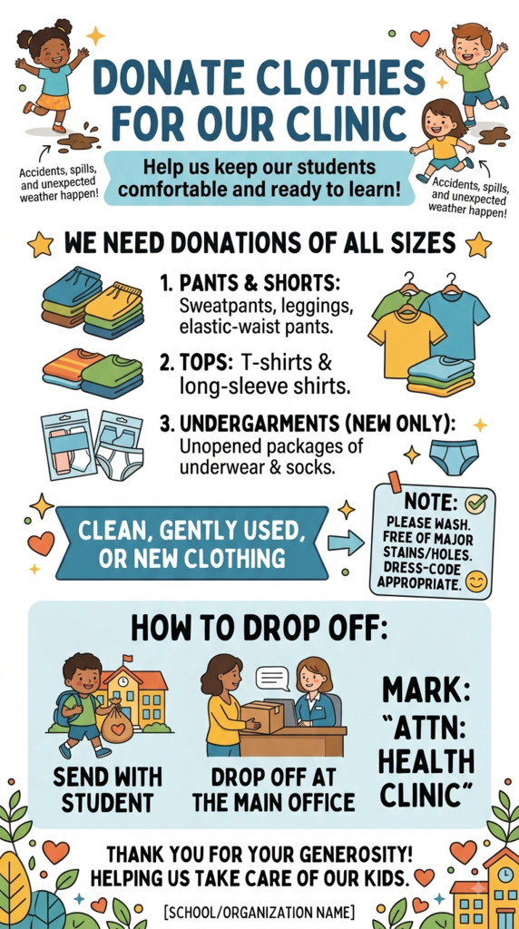 A poster asks for donations of pants, tops, and undergarments for a clinic. It specifies clean, gently used, or new clothing, free of major stains, holes, and dress code.