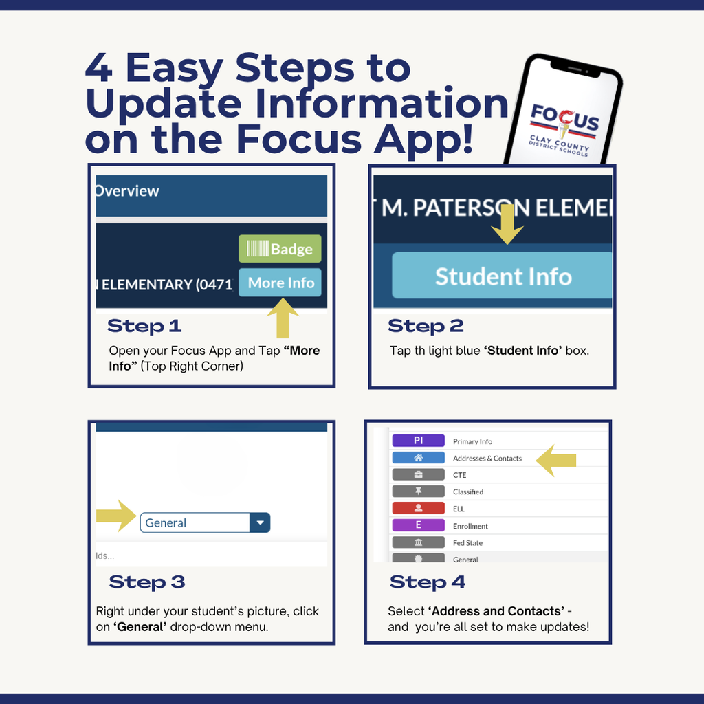 Did you know you can update your student’s information—including Emergency Contacts—right in the Focus App? It only takes a minute!  Here is how to do it:  1️⃣ Open your Focus App and tap ‘More Info’ (top right corner).  2️⃣ Tap the light blue ‘Student Info’ box.  3️⃣ Right under your student's picture, click the ‘General’ drop-down menu.  4️⃣ Select ‘Address and Contacts’ — and voilà, you’re all set to make updates!  Keeping your contact details current helps us keep your students safe and connected. Thank you for your help! 💙