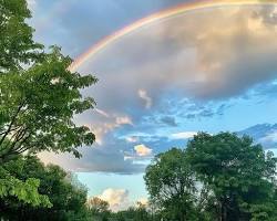 Bright rainbow in a sky with clouds and trees, with various shades of blue, pink, and yellow.