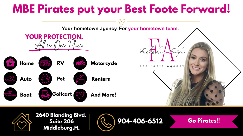 Text: MBE Pirates put your Best Foote Forward! Your hometown agency for your hometown team. MBE Pirates.