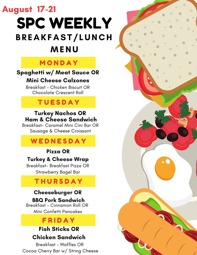 A menu for August 17-21 at SPC, featuring breakfast/lunch options. Includes sandwiches, eggs, and other items.
