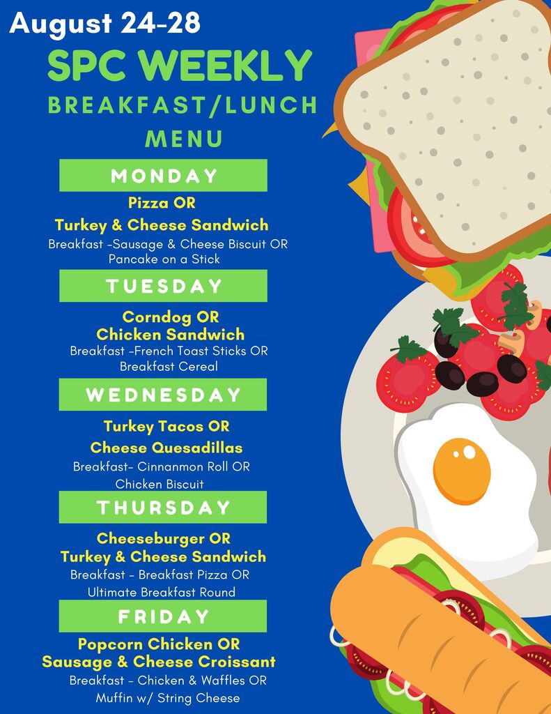 A menu for breakfast and lunch from August 24-28, featuring sandwiches, tacos, cereal, eggs, and popcorn chicken.
