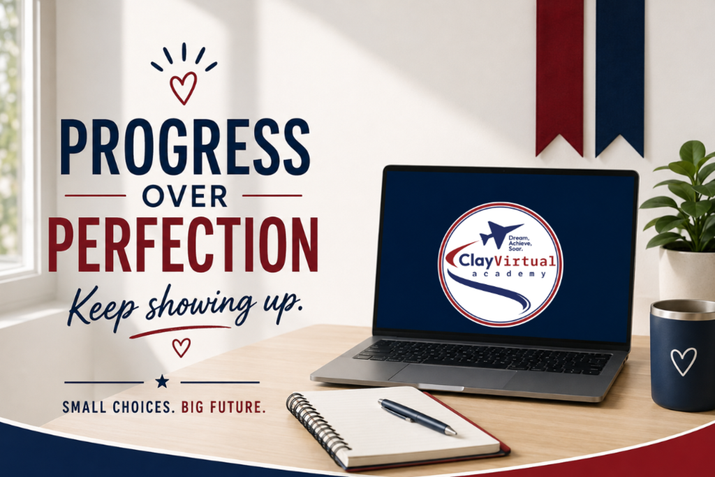 An open laptop displays a blue logo and text. A heart and "Progress over perfection" are on the left. A mug and plant are on the right.