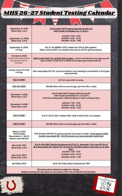 Calendar shows dates from September 2020 to April 2021, listing various student testing schedules in red text on a dark background.