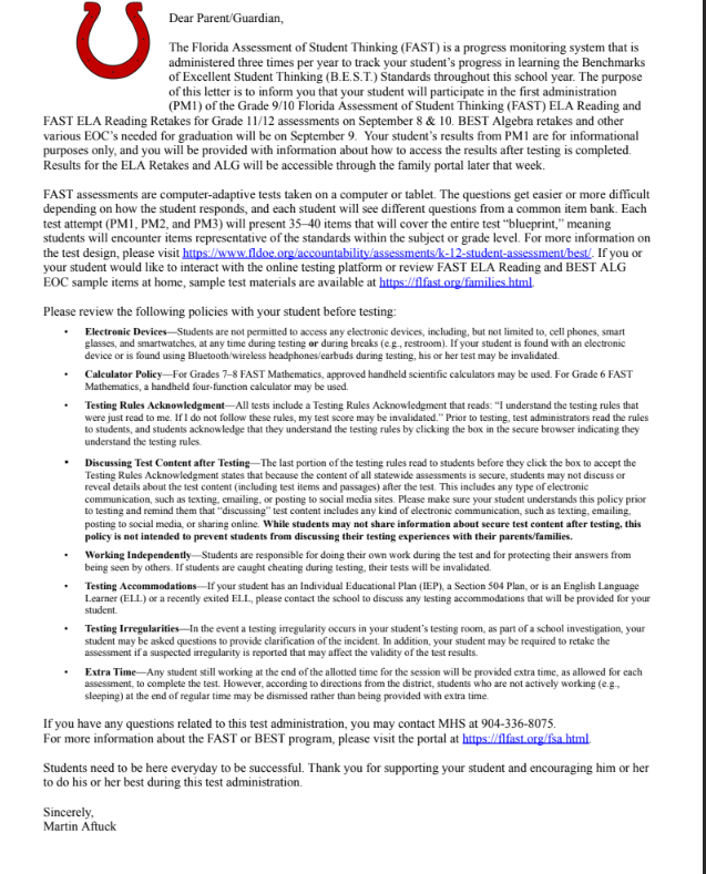 A document titled "Dear Parent Guardian" discusses the Florida Assessment of Student Thinking (FAST) and its purpose. Text is organized into sections with headings and bullet points.