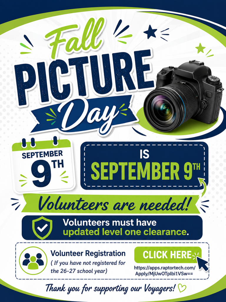 We need parent volunteers to help make Picture Day run smoothly. Please sign up for a slot to assist with student organization and photographer support. Volunteers must have updated level one clearance. Volunteer Registration ( If you have not registered for the 26-27 school year) Click Here