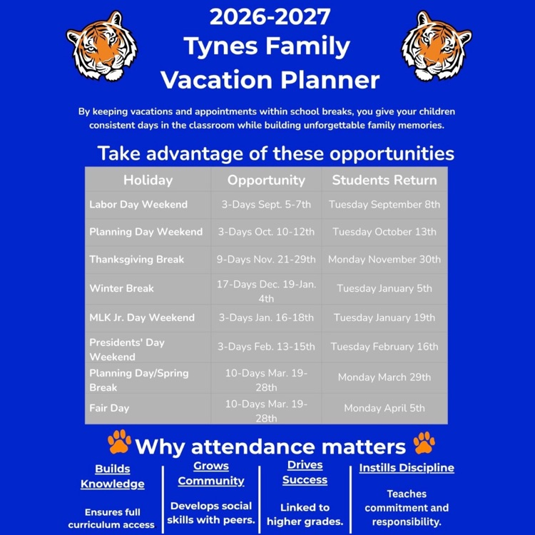 Plan your vacations and appointments ahead using our Tynes Parent Planning Schedule! 📅✨