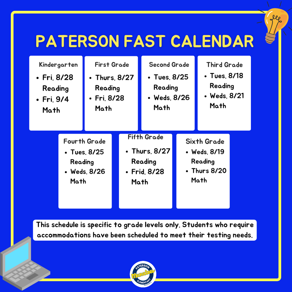 Attention Manatee Families! 📢  Attached is the schedule for our upcoming FAST Progress Monitoring 1 (PM1) testing for all grade levels.   Please note that this initial test simply gives us a starting baseline for the school year. The results are purely informational—they help our teachers pinpoint where your child is thriving and where they might need a little extra support. 🎓✨  Thank you for partnering with us to help your student succeed!