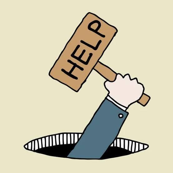 A cartoon hand from a hole holds a wooden sign that says "HELP" above its head.