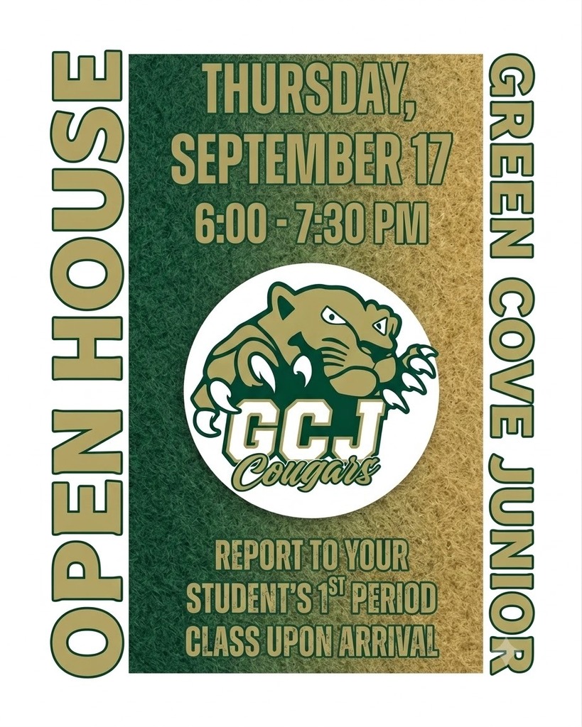 Green and brown banner with "OPEN HOUSE" on the left, "GCCJ Cougars" logo, and event details.