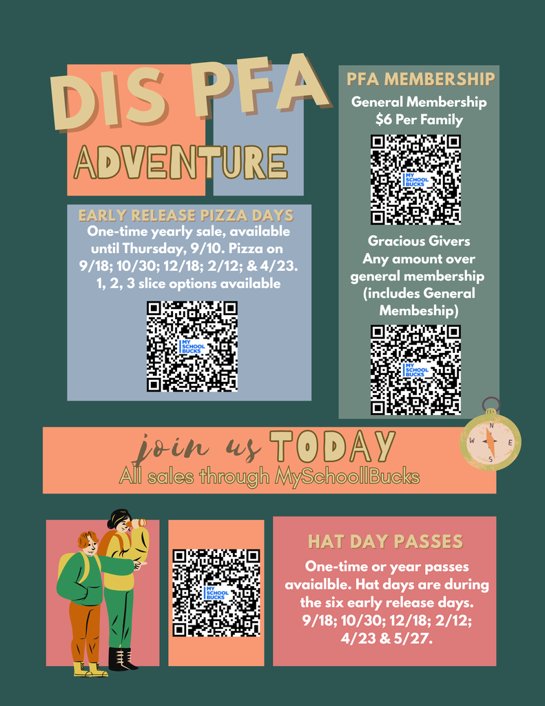 Join the DIS PFA Adventure this year! Many ways to join and support. See flyer for more information! #dispfa #mustangs #jointoday #supportourfundraisers