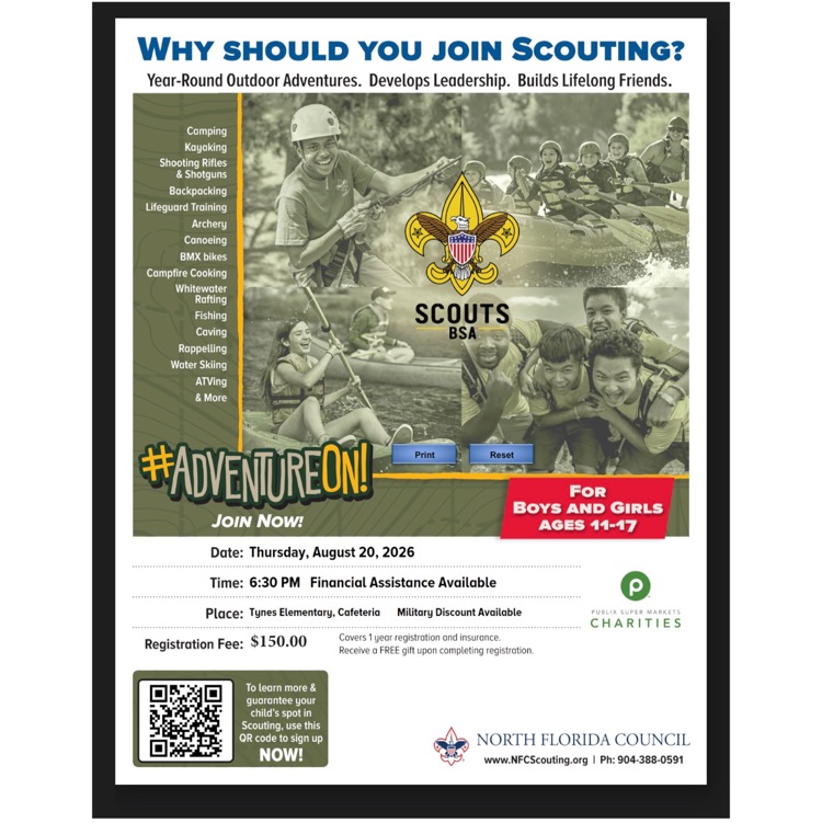 Mark your calendars! 📅 Join us this Thursday at 6:30 PM for our Scouting Parent Meeting in the Tynes Elementary cafeteria! 🐯