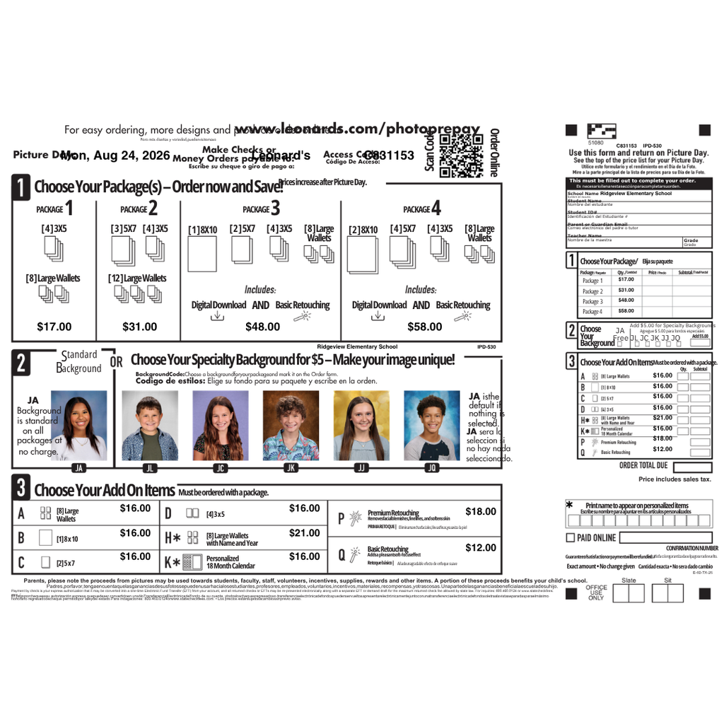 A layout displays options for selecting photo packages, with various choices for package designs and customizations.