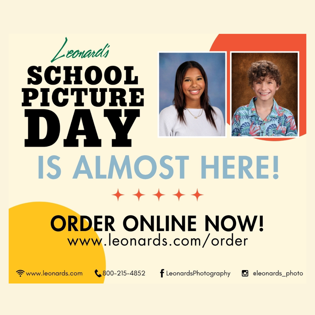 School picture day announcement with two photos of students, one smiling and the other with a neutral expression, and an order online option.