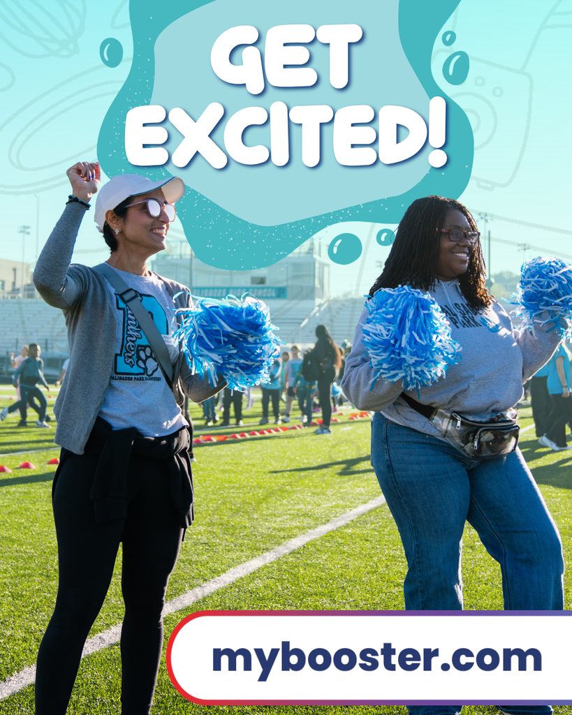 Two women in blue and white cheerleader gear on a field with white lines. Text at top reads "Get Excited!" and at bottom is a website.