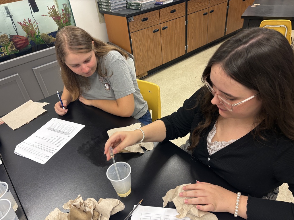 Two women are seated at a table, one using a pipette in a cup and the other holding paper.