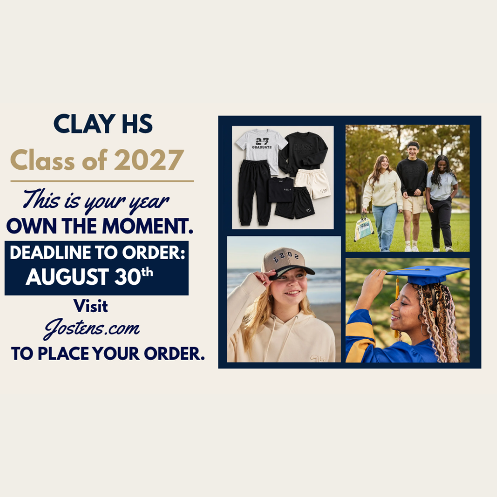 Advertisement for Clay HS Class of 2027. Features multiple images including students and graduation caps.