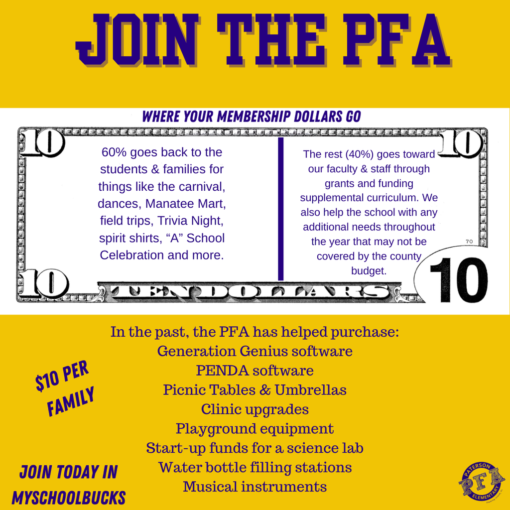 Invest in Big Smiles & Big Impact for Just $10! 🌟  Want to make this school year unforgettable for your child while supporting our amazing teachers? Join the Parent Faculty Association (PFA)!  For just $10.00 per family, your membership directly funds teacher supplies, top-tier educational programs like PENDA and Generation Genius, and new school equipment. Plus, we throw the best events of the year! 🎉  What We Do:  🍦 Annual Ice Cream Social  🎃 Halloween & Spring Dances  🎡 Winter Festival Carnival  📚 Teacher & Classroom Support  How You Can Help: We need enthusiastic volunteers to bring these events to life! Whether you can lend a hand on campus for a few hours or prefer helping out from home on your own schedule, every bit of time makes a huge difference.  Ready to dive in and lend a hand?  📧 Reach out to Jamye Phillips, our 2026–2027 PFA Coordinator, at rmpatersonpfa@gmail.com to get started today!