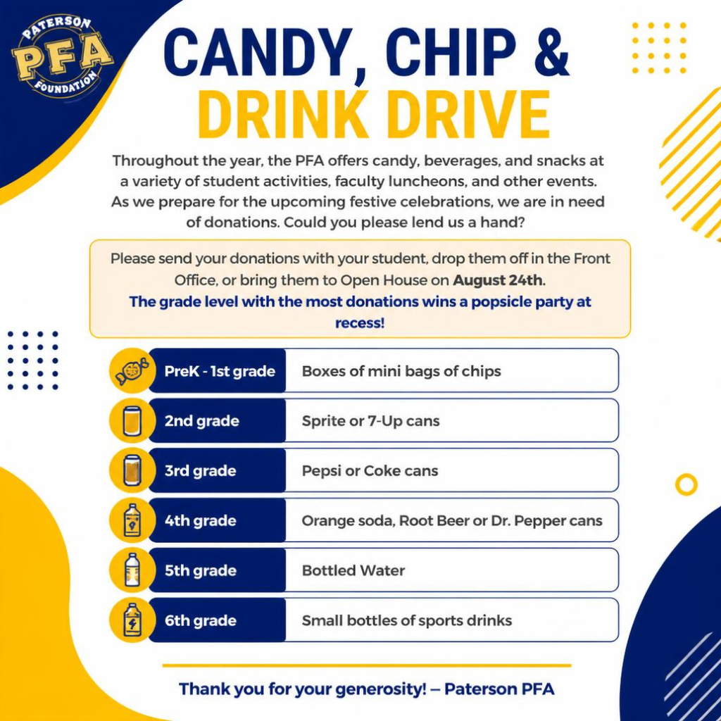 Help us stock the event closet for the year—and let’s add a little friendly competition! 🍿🥤🍬  Our PFA keeps the energy high at student events, teacher luncheons, and campus celebrations all year long. With festive season right around the corner, our stash is running low. Donate items based on your grade level, and the grade with the most donations wins a popsicle party at recess! 🍦🎉  Grade Level Breakdown: 🍿 PreK – 1st Grade: Boxes of mini bags of chips  🍋 2nd Grade: Sprite or 7-Up cans  🥤 3rd Grade: Pepsi or Coke cans  🍊 4th Grade: Orange soda, Root Beer, or Dr. Pepper cans  💧 5th Grade: Bottled water  ⚡ 6th Grade: Small bottles of sports drinks  🍬 All Grades: Bulk non-chocolate candy is always welcome!  3 Easy Ways to Donate: 1️⃣ Send items directly to school with your student  2️⃣ Drop off at the Front Office (Monday–Friday, 8:00 AM – 3:30 PM)  3️⃣ Bring them to the PFA table at Open House on August 24th!  Thank you for helping us host amazing events for our students and staff! ❤️