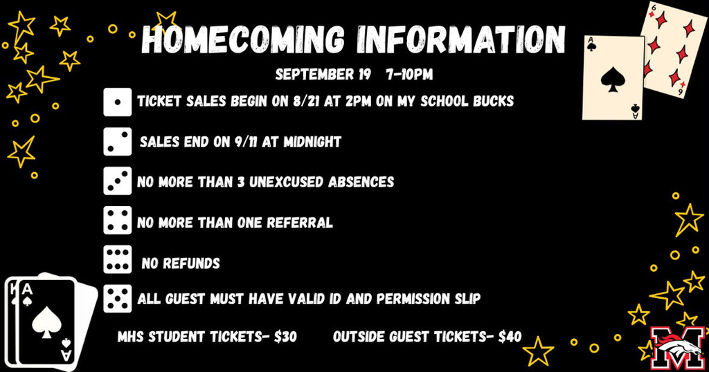 A black background displays Homecoming Information. Details include ticket sales times and prices, with additional rules.