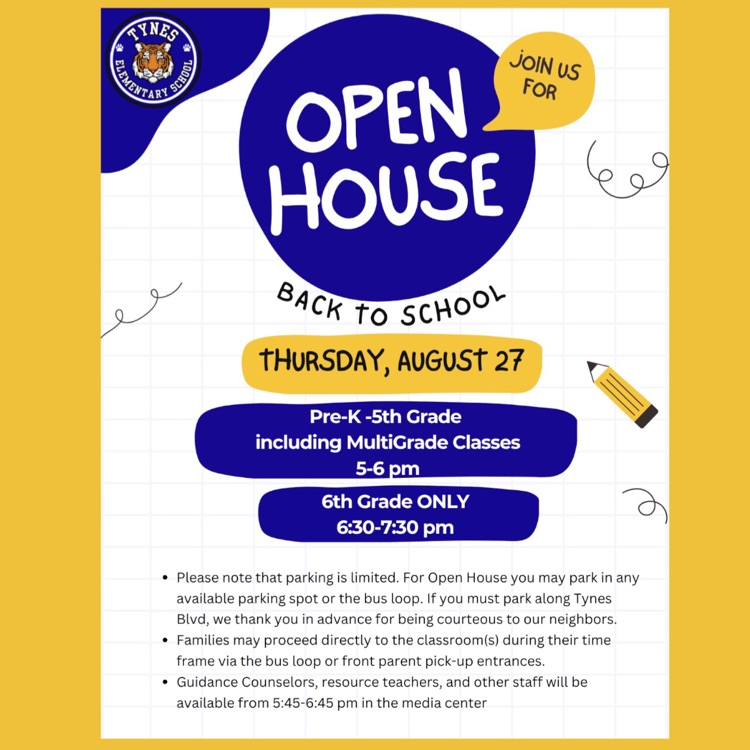 Tynes Open House is almost here! 🐯 Join us Thursday, August 27 for Back to School Open House! We can’t wait to welcome our Tynes Tigers and families back into the building. See you there!