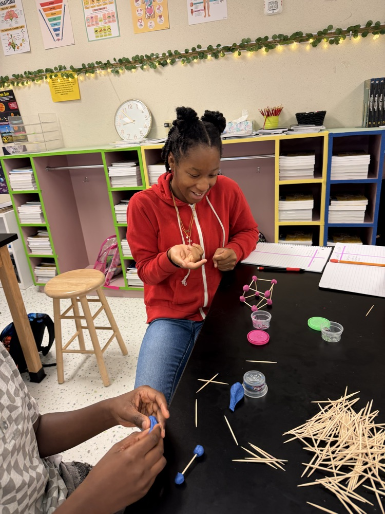 Students in their Science class working on their challenge of creating shapes using popsicle sticks and Play-Doh