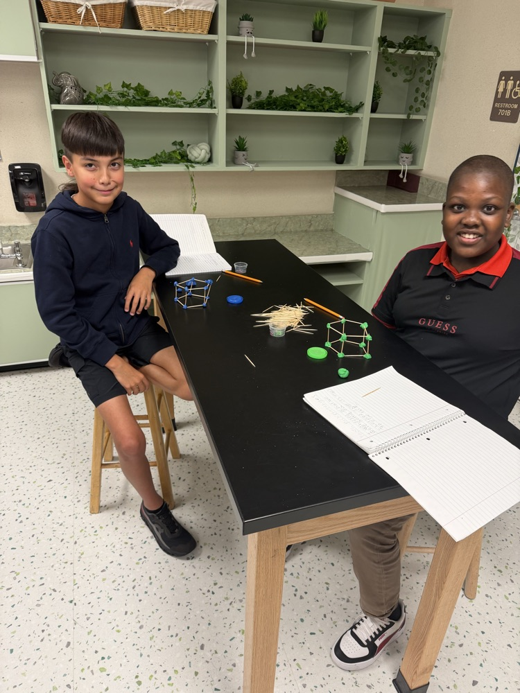 Students in their Science class working on their challenge of creating shapes using popsicle sticks and Play-Doh