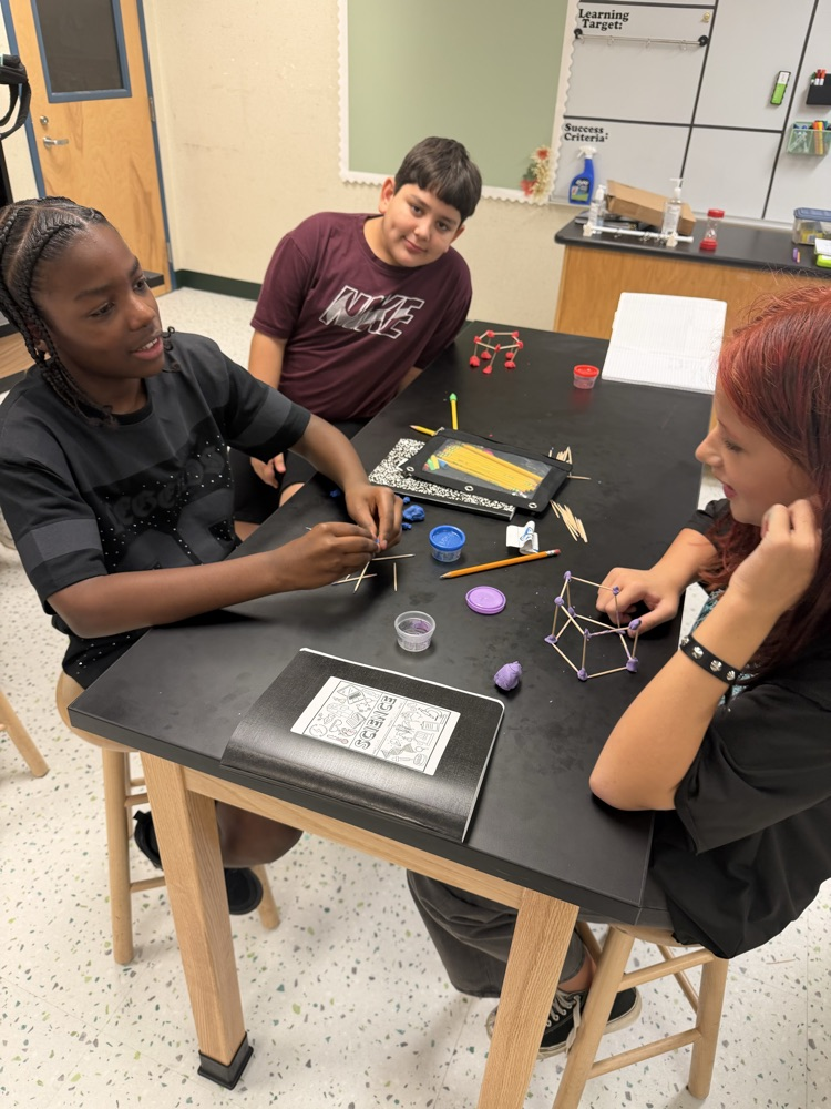 Students in their Science class working on their challenge of creating shapes using popsicle sticks and Play-Doh