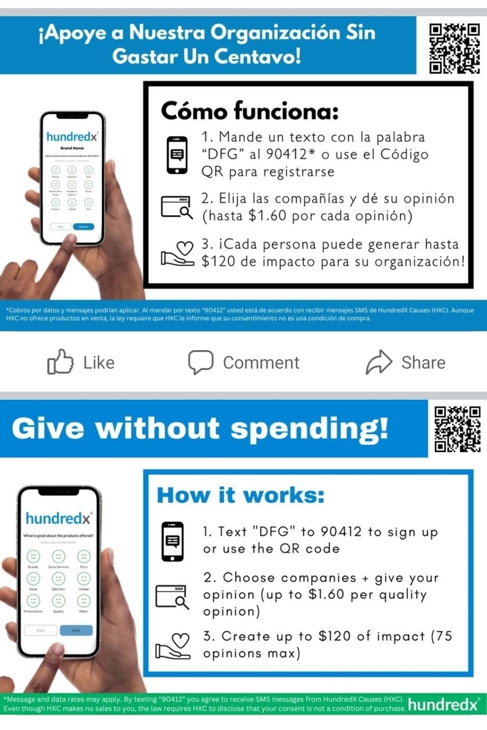 Mobile phone being held by a hand with a QR code. Text describes a process: Text 'DFG' to 90412 to sign up, choose companies, and give an opinion.