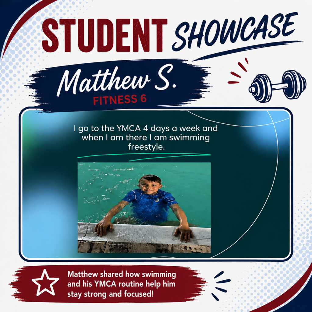 Blue background with "Student Showcase" and "Matthew S. Fitness 6" text. Image of a boy swimming.
