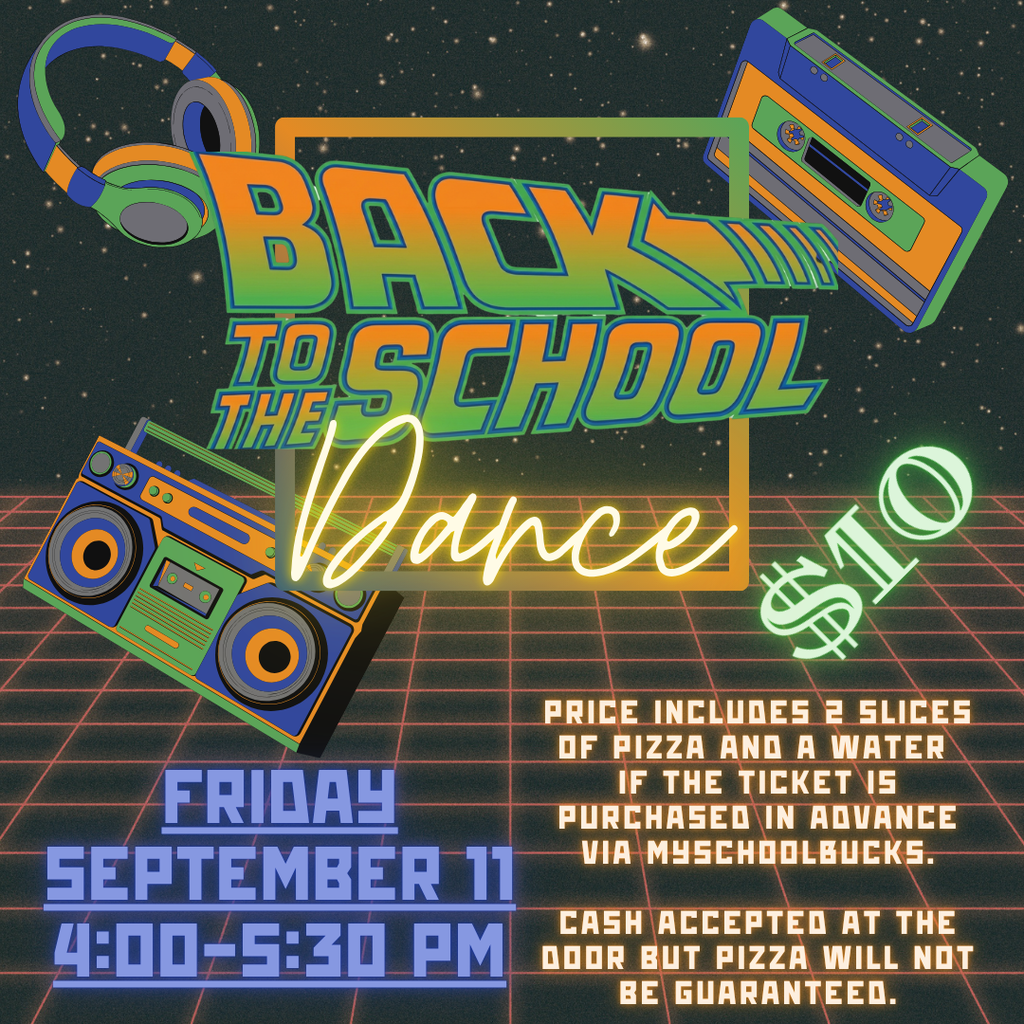 Poster with retro design featuring headphones, cassette tapes, and a grid pattern. Text reads "Back to the School Dance."