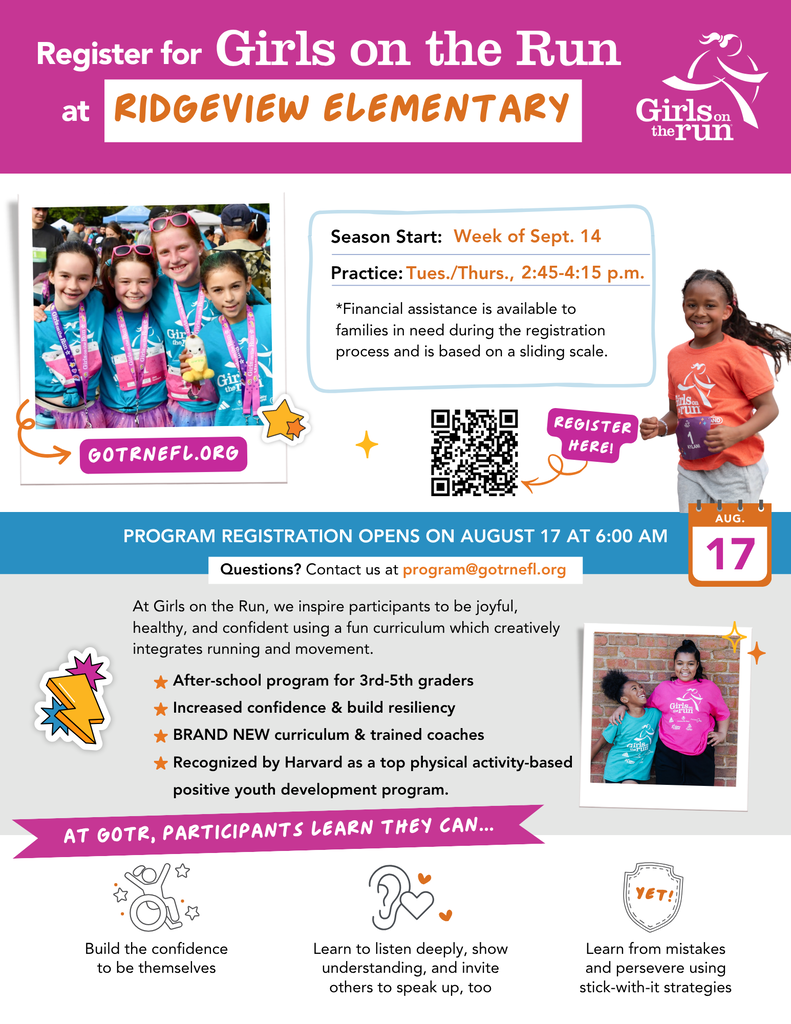An advertisement for Girls on the Run program at Ridgeview Elementary. It includes a picture of a group of girls, registration details, and benefits.