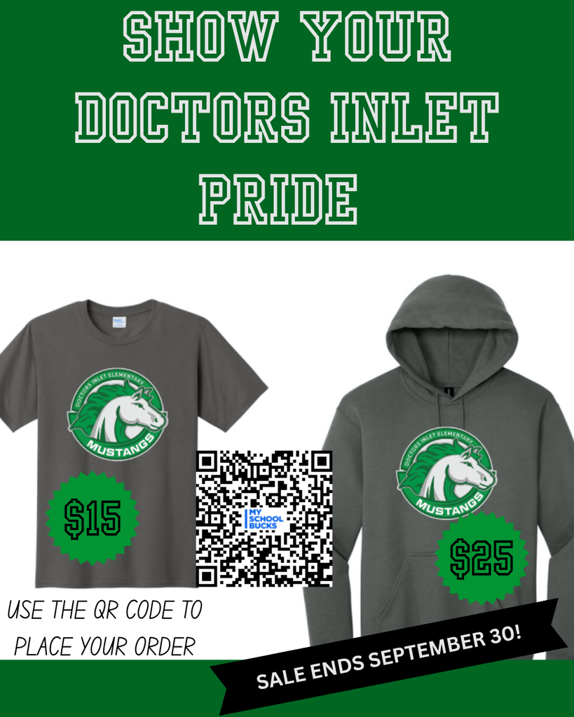 Two grey shirts with a horse logo. One has a price tag of $15 and the other $25. A QR code is shown.