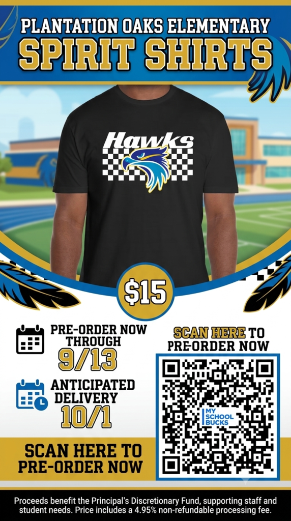 An advertisement for spirit shirts with a blue hawk graphic on a black shirt, a QR code, and a school building in the background.