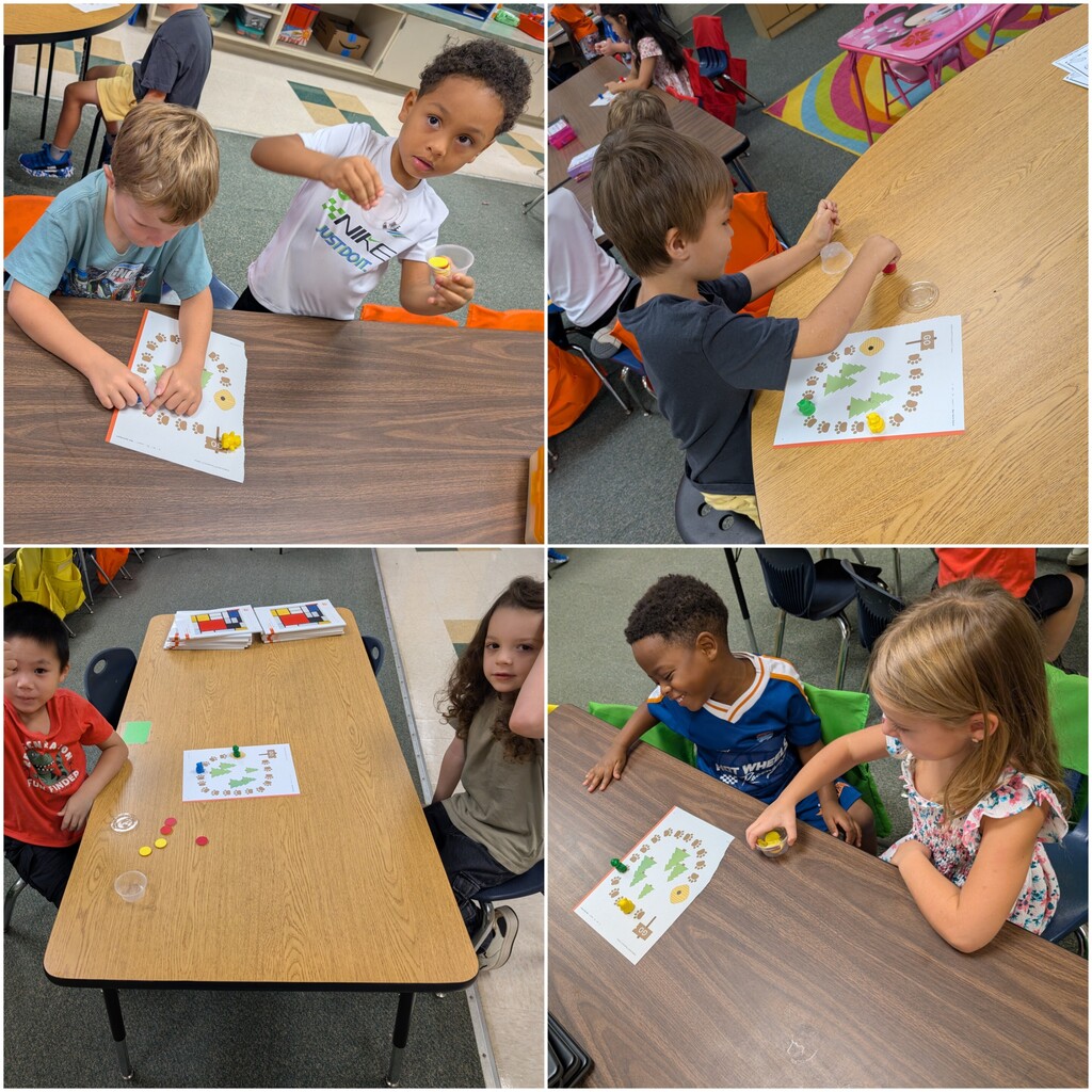 Four images of children working on crafts with paper at tables in a classroom.