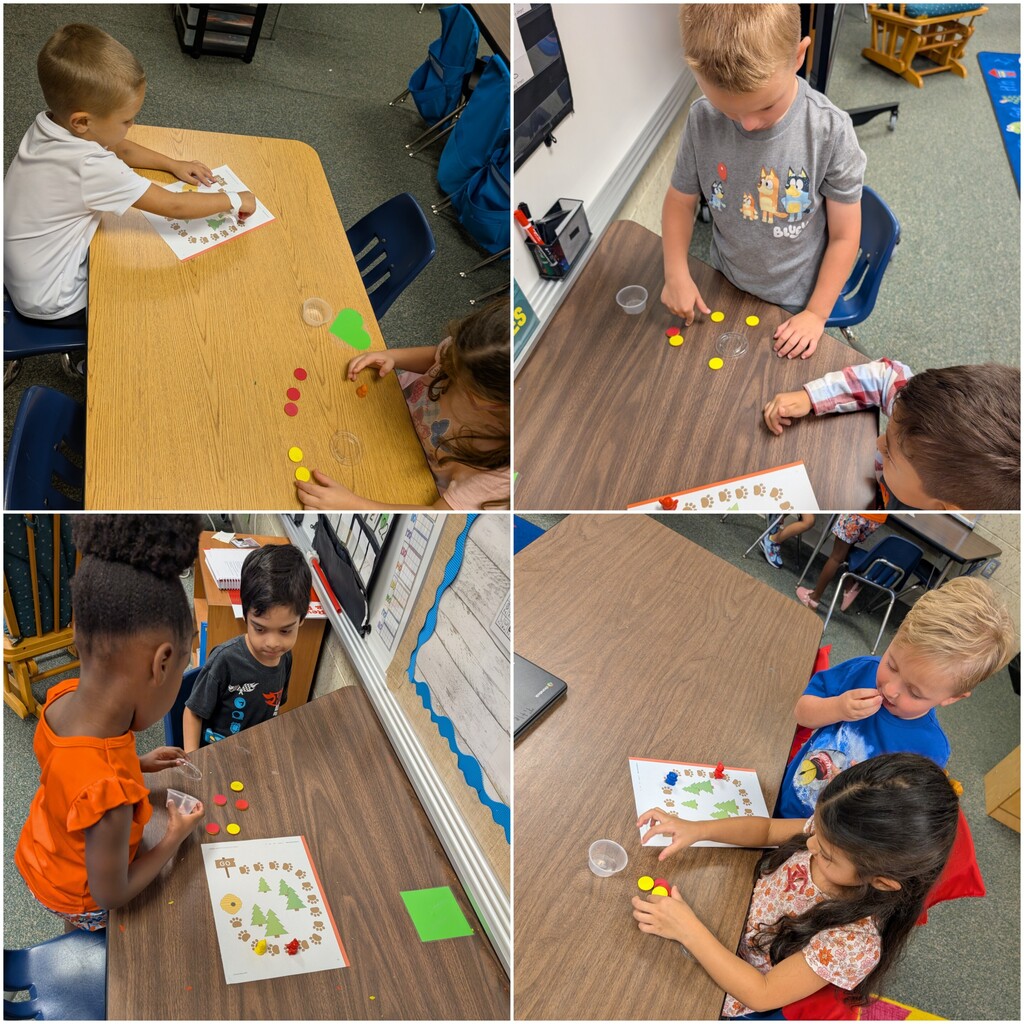 Four photos of children seated at tables, using items on a worksheet, engaging in an activity.