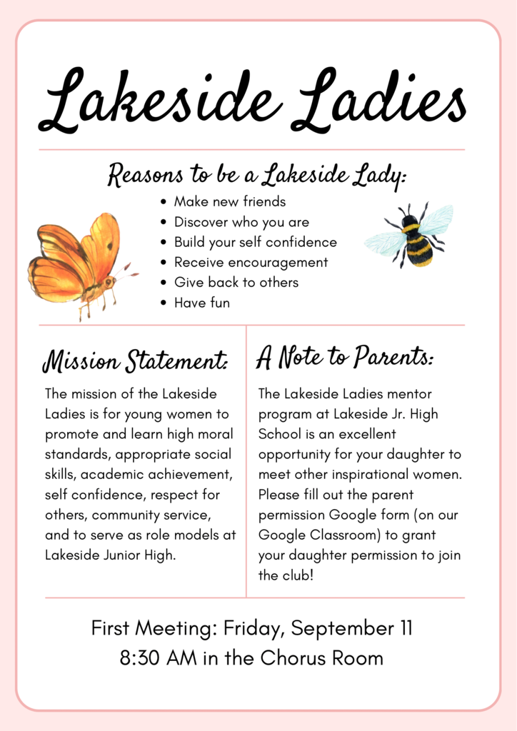 A flyer with the title "Lakeside Ladies" includes reasons to join, a mission statement, and a note for parents. It features a butterfly and a bee.