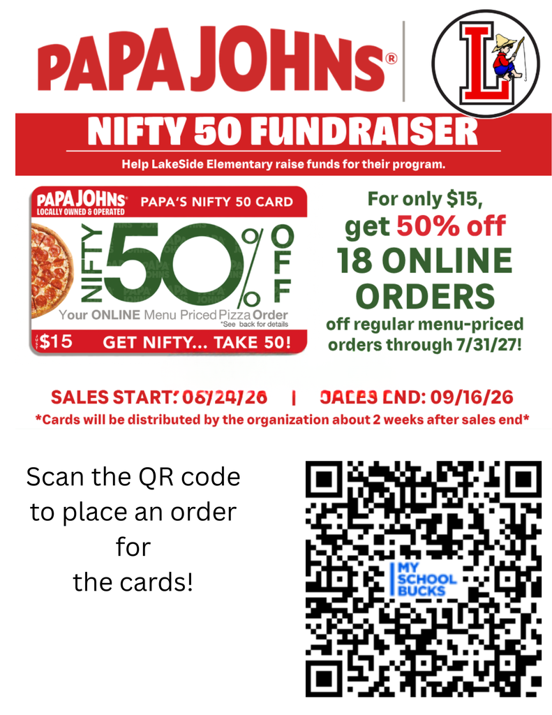 Red and white advertisement for a Papa John's fundraiser. Text reads "Nifty 50 Fundraiser" and includes details about pricing and QR code.