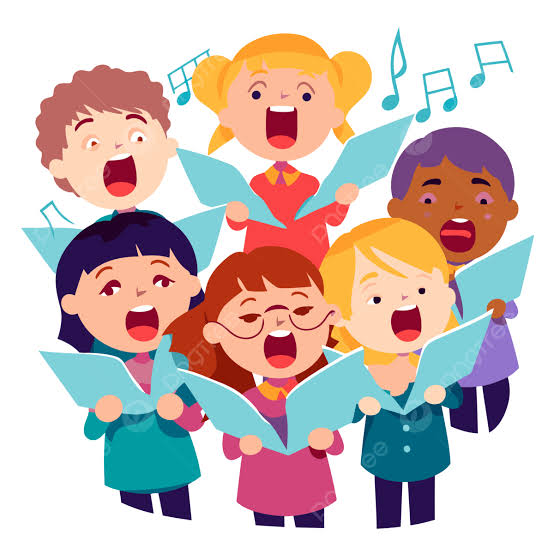 Group of children singing into a microphone, with musical notes floating around them.