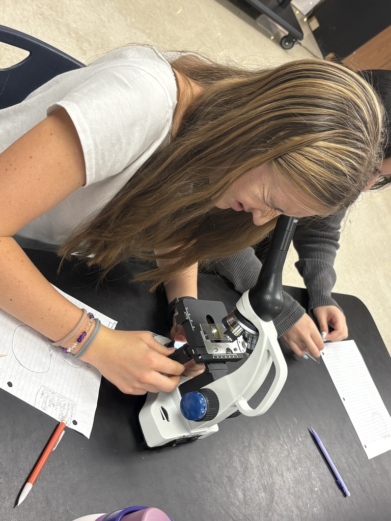 A student in a white shirt uses a microscope to examine a sample while seated at a table.