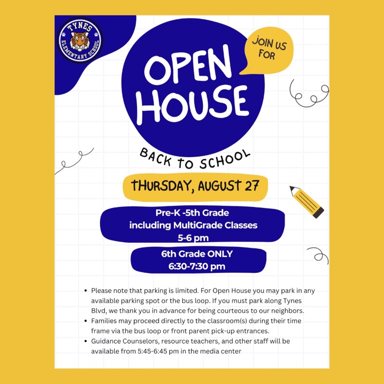 🐯 Reminder: Open House is TOMORROW!  We can’t wait to welcome our Tynes Tigers and families back to campus! We’ll see you tomorrow!