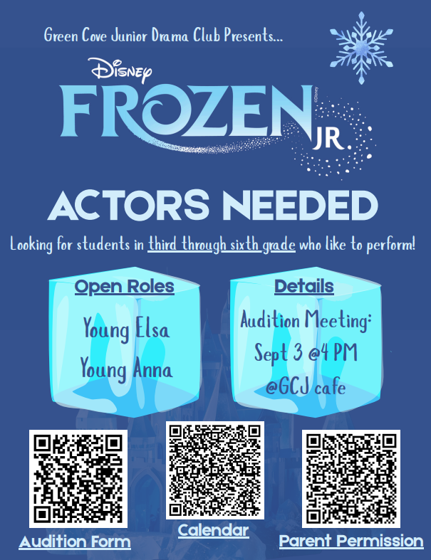 Get ready to let it go, Manatees! ❄️✨ Green Cove Springs Junior High production of Frozen JR is officially heading into auditions, and they are in need with a little bit of extra magic to bring Arendelle to life. They are looking for two younger students to take the stage as Young Elsa and Young Anna! If your child loves to sing, act, and freeze things (or build a snowman ☃️), this is a great oppurtunity! Audition Meeting Details: 📅 Date: Thursday, September 3rd 📍 Location: Green Cove Springs Junior High To sign up scan the QR Code for more information and to sign up! Mark your calendars, spread the word to your fellow Manatee families, and come learn everything you need to know about joining the cast! Who's ready to bring this icy adventure to life? 🎭👑