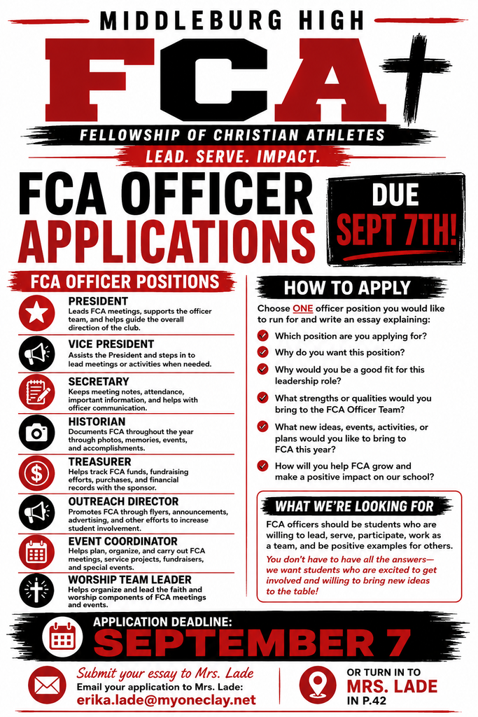 Flyer with black and white color scheme. Text reads "FCA Officer Applications Due Sept 7th". Lists officer positions, qualifications, and application details.