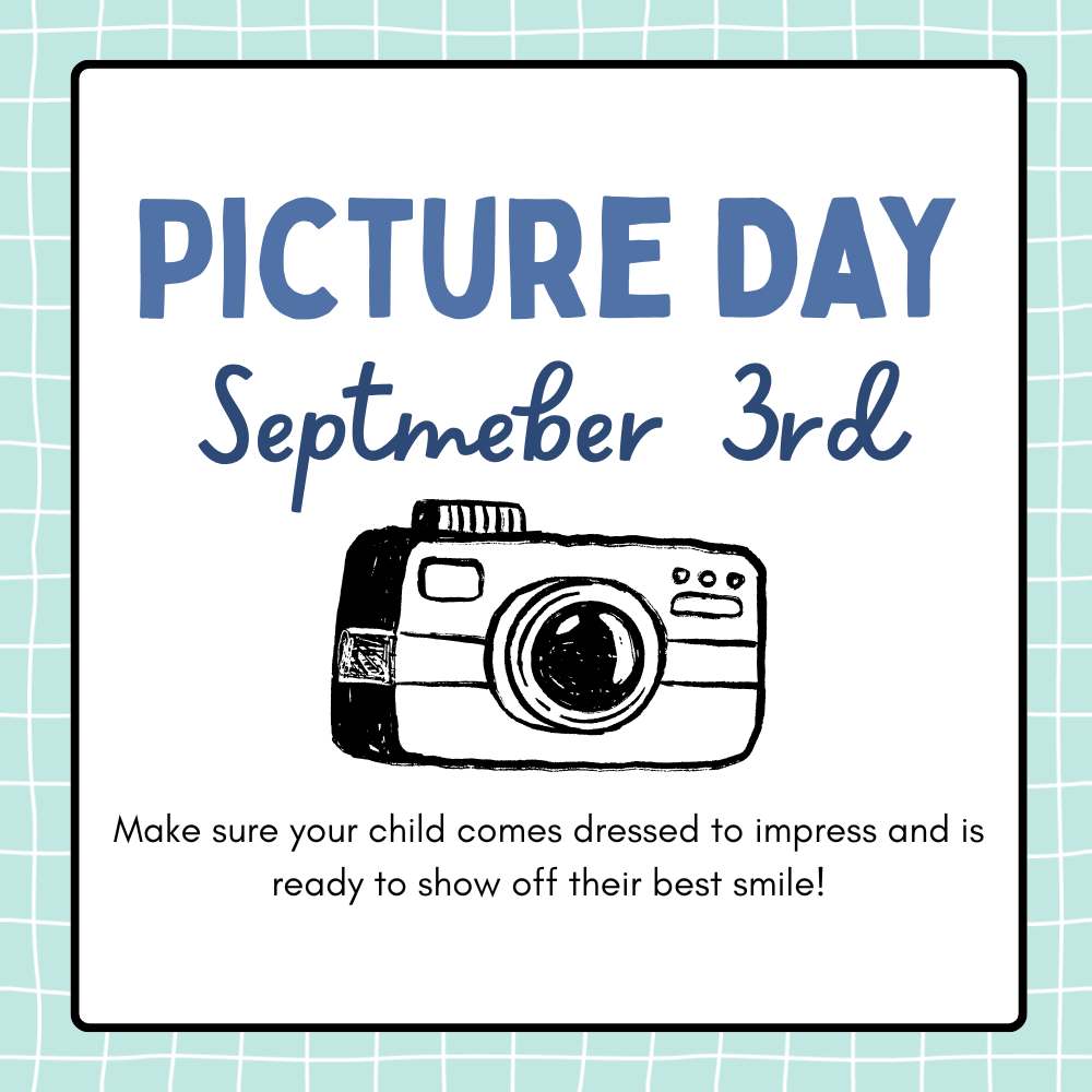 A white square background displays a blue text header "PICTURE DAY" and "September 3rd". Below is a hand-drawn camera image.