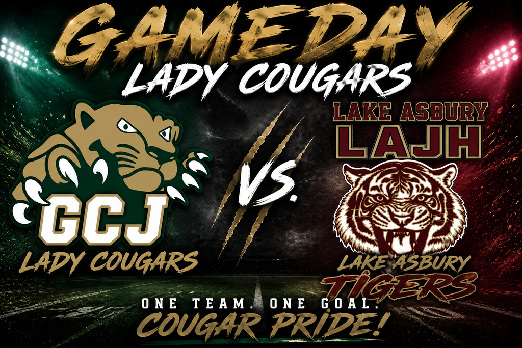 Advertisement for a football game featuring the GCJ Lady Cougars vs. Lake Asbury LAJH Tigers.